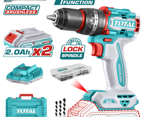 Total charging drill, 20 volts, 66 Newtons, with two 2 amp batteries, 13 mm iron nut